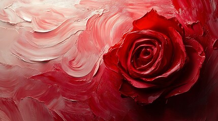 Poster - Elegant rose petal the center of an abstract red and pink background featuring soft brush strokes and gentle curves forming a minimal yet romantic Valentines Day composition
