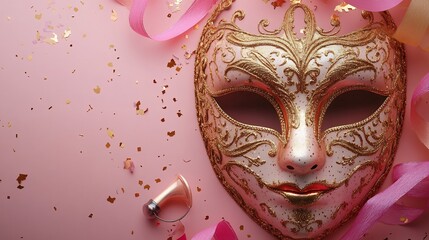 Poster - Elegant Venetian mask adorned intricate golden details paired with colorful streamers and a shiny whistle on a minimalistic pale pink background creating a vibrant carnival party vibe