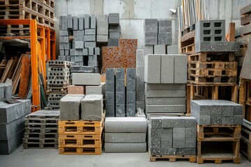 Stacked Concrete Blocks and Pallets in a Warehouse