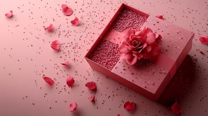 Poster - Elegant 3D render of open red gift box with rose petals falling around set against a clean and minimalistic pink background representing love and luxury on Valentines Day