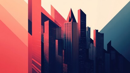 Leinwandbilder - A sleek, minimalist poster promoting a technology conference, with geometric shapes and a futuristic cityscape in the background.