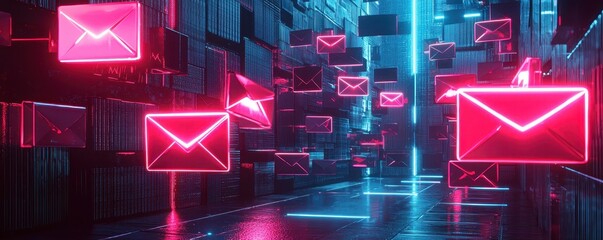 Futuristic digital email concept with glowing neon envelopes flying in a high-tech virtual environment