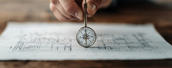 Hand holding a compass over blueprint, symbolizing navigation and planning.