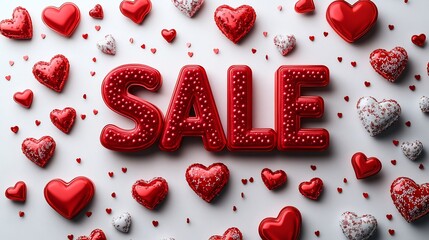 Poster - Eyecatching Valentine's Day sale vector banner 3D SALE text in red surrounded by heartshaped elements on a crisp white background perfect for discounts and promotions