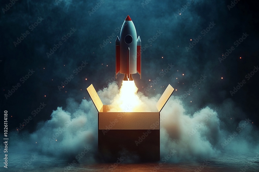 Open box with rocket launch, symbolizing out-of-the-box thinking ...