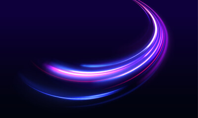Poster - Vector speed of light in space on dark background. Abstract background in blue, yellow and orange neon colors.	