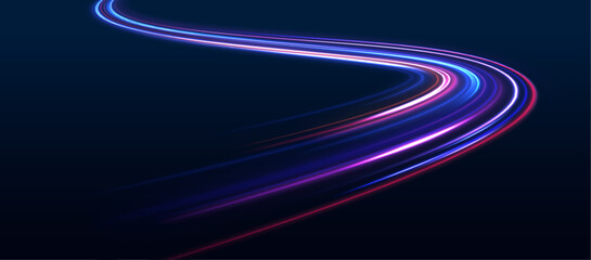 Poster - Illustration of light ray, stripe line with blue light, speed motion background. Radial color spirals. Vector blue glowing lines air flow effect.	
