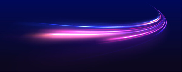 Leinwandbilder - Light trails on road at night. Abstract futuristic neon background with glowing ascending lines. Beautiful glow light flare and spark. Red blue special effect, speed police line. 