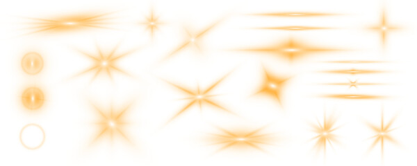 Poster - Sun flash with rays or gold spotlight and bokeh. Gold lens flares set. Yellow glowing light burst on a transparent background. PNG