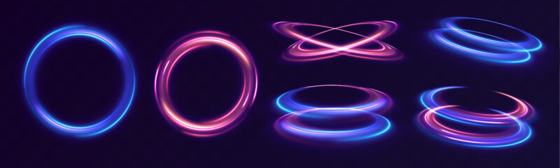 Fototapete - Set of neon blurry light circles at motion. Space tunnel. Light everyday glowing effect. Semicircular wave, light vortex wake. 