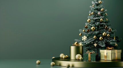Poster - A Christmas tree with gold ornaments sits on a table next to a gold box