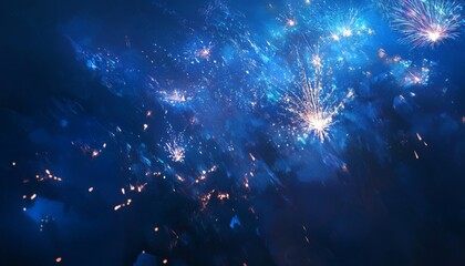 Abstract blue background with sparkling lights and fireworks.