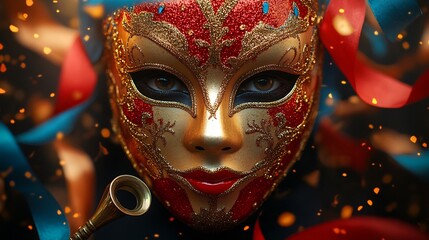 Poster - Bold red gold Venetian mask surrounded by colorful streamers and a brass whistle on a minimalist black background creating a dramatic and festive carnival atmosphere