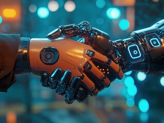 Poster - Close-up of Robotic Hands Shaking in Futuristic Scene