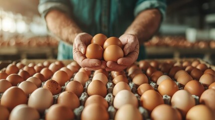 Weathered hands present a carefully selected array of farm-fresh brown eggs, symbolizing concepts of nurturing, tradition, and simplicity in serene farm life.