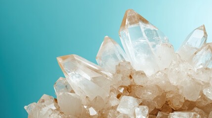 A beautiful formation of clear quartz crystals is prominently displayed against a vibrant blue background, highlighting their natural structure and clarity.