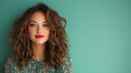 A confident woman with beautifully styled curly hair and warm makeup gazes at the camera, standing against a bright teal wall, creating a striking visual contrast.