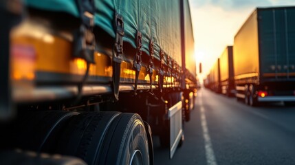 Numerous trucks are lined up on the highway with the sunset casting a golden hue, emphasizing transportation, the beauty of travel, and industry dynamics.