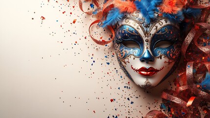 Poster - Multicolored carnival mask banner bold intricate details surrounded by playful streamers and confetti on a clean neutral backdrop leaving an elegant space for text in the middle of the design