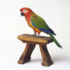 Parrot Perched on Wooden Stand  Isolated on White Background