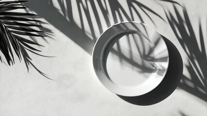 Wall Mural - a white plate sits on a white surface with palm leaves casting shadows