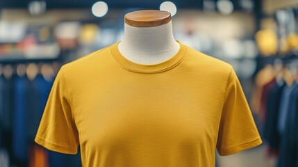 Sticker - Mockup of Close-up of a yellow t-shirt on a mannequin in a retail setting.