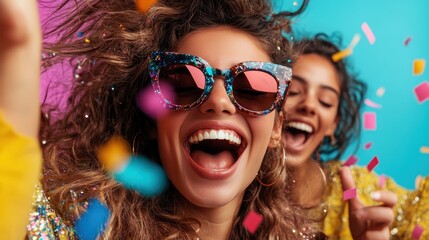 Two women are joyfully celebrating, wearing stylish sunglasses among colorful confetti with vibrant and cheerful expressions, creating a lively atmosphere.