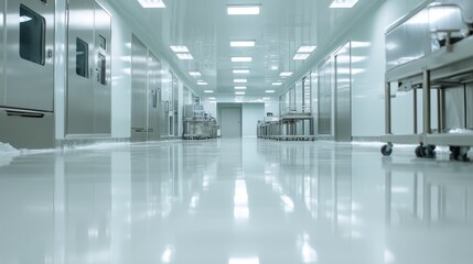 A polished hospital-like corridor showcasing cleanliness, with visible medical equipment and a modern design to emphasize a functioning healthcare environment.