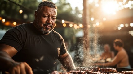 A man in a black shirt tends to a grill at a sunset barbecue, surrounded by string lights, creating a warm and inviting outdoor dining atmosphere.