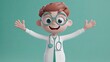 © visual artstock - A smiling cartoon doctor with arms outstretched, wearing a white lab coat, stethoscope and glasses, on a green background.