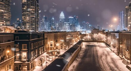 Beauty of a snowfall in a coastal city, with a clear view of the city skyline, showcasing its unique architecture and coastal features, fluffy snow.