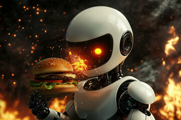 Poster - robot is holding a hamburger in front of a fire. the robot is wearing a helmet and has a red eye. th