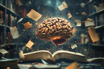 Aufkleber - brain is on top of a stack of books. The brain is surrounded by smoke and the books are scattered around it. The scene gives off a feeling of chaos and confusion