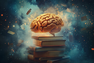 Aufkleber - brain is floating in space above an open book. The brain is surrounded by a cloud of stars and the book is open to a page with a word on it. Scene is one of curiosity and wonder