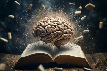 Aufkleber -  brain is shown in the middle of an open book, with pills scattered around it. Concept of chaos and confusion, as if the brain is being bombarded with information