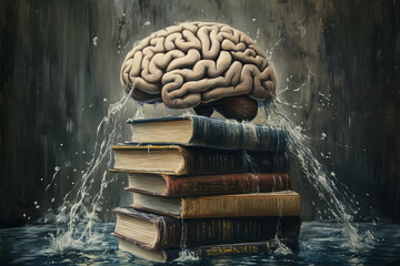 Aufkleber - brain is on top of a stack of books. The brain is surrounded by smoke and the books are scattered around it. The scene gives off a feeling of chaos and confusion