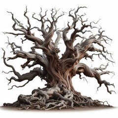 large old dead tree with gnarled roots and twisted branches isolated on white background