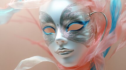 Poster - Delicate white silver Venetian mask with playful blue and pink streamers and a metallic whistle set against a minimalist soft beige background for a subtle carnival party look