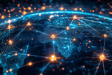 Poster - globe with a network of lines connecting it to other globes. The globe is lit up with a blue and orange glow