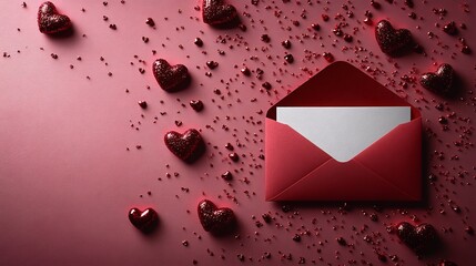 Poster - Top view of red paper envelope with a blank white card inside set against a pink background with scattered Valentines hearts evoking a romantic and heartfelt vibe
