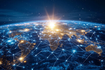 Poster -  blue and yellow planet with a sun in the middle. The sun is surrounded by a network of lines that connect the sun to the rest of the planet