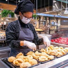 A food service worker checking food temperatures with a digital thermometer to ensure proper cooking, [Worldwide Food Service Safety Month], [temperature control, food safety], ,