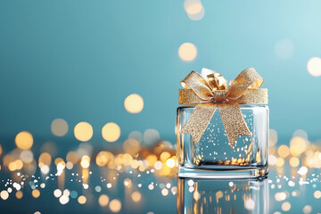 A noble gift made of solid glass with blurred gold bokeh lights. Christmas or birthday corporate gift.