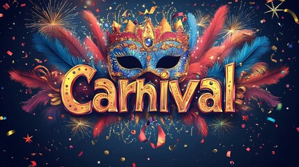Aufkleber - Large colorful Carnival text playful swirling confetti feathered masks and sparkling fireworks designed for a highenergy eyecatching carnival poster