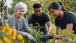 © Lion - Group cleaning park, diverse group including an elderly white woman with gray hair, a young African American man with short black hair, and a middle-aged Asian woman with black hair,  copy space