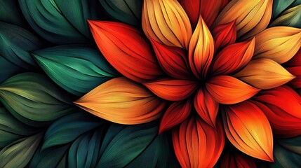 Wall Mural - A vibrant red and orange flower with yellow accents blooms against a backdrop of dark green leaves.