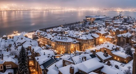 Beauty of a snowfall in a coastal city, with a clear view of the city skyline, showcasing its unique architecture and coastal features, fluffy snow.