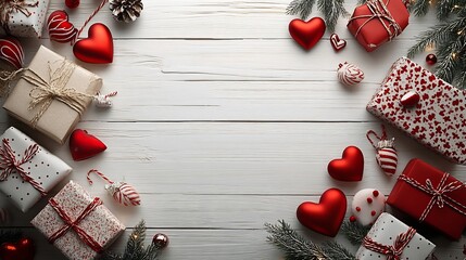 Poster - Valentine's Day scene assorted presents and heartshaped decor set against a white wooden background Clean and elegant with plenty of blank space for customization