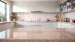 © digitalrtist - Pink terrazo countertop for product display and showcase against blurred background of feminine kitchen with white cabinetry