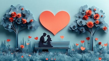 Poster - Romantic scene a young couple in love on a park bench framed by a heart shape in paper art style Ideal for a Valentines Day card with a minimalistic and artistic touch